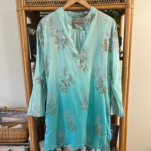 WHITE WAVES HANDMADE Ombré‎ Aqua Tunic with Silver Bronze Coral Design